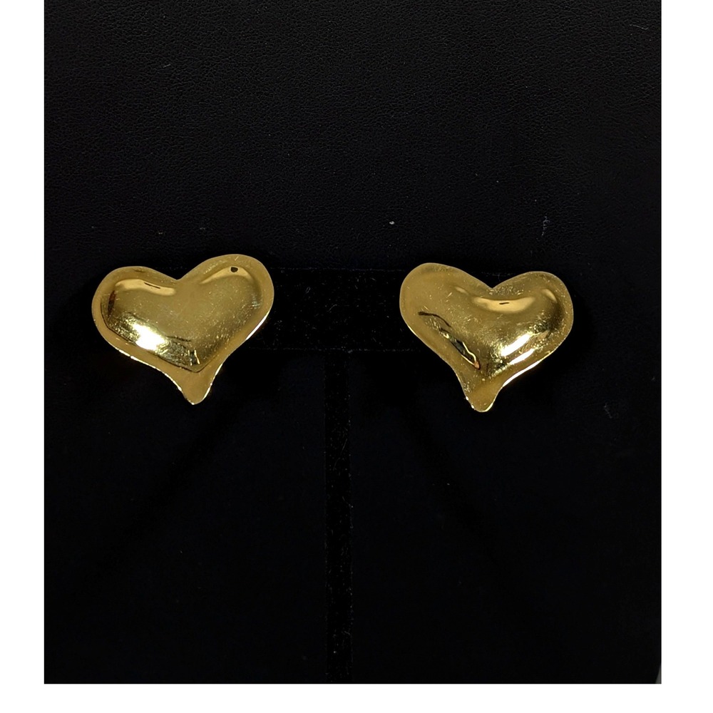 Vintage Gold Tone Heart Earrings Sculptural Wavy Signed SH 92 Pierced